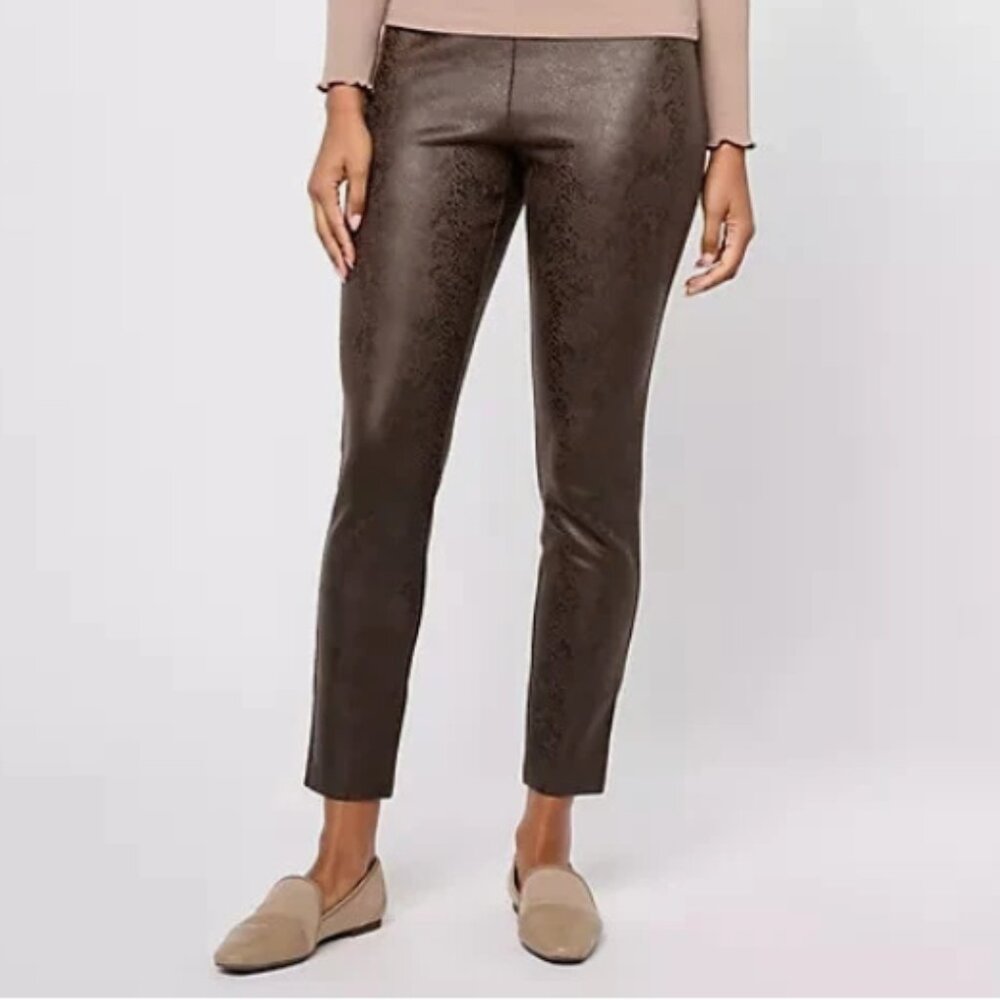 Susan Graver Printed Knit Faux Suede Leggings-Dark Mocha-Petite XL-NEW-A618817